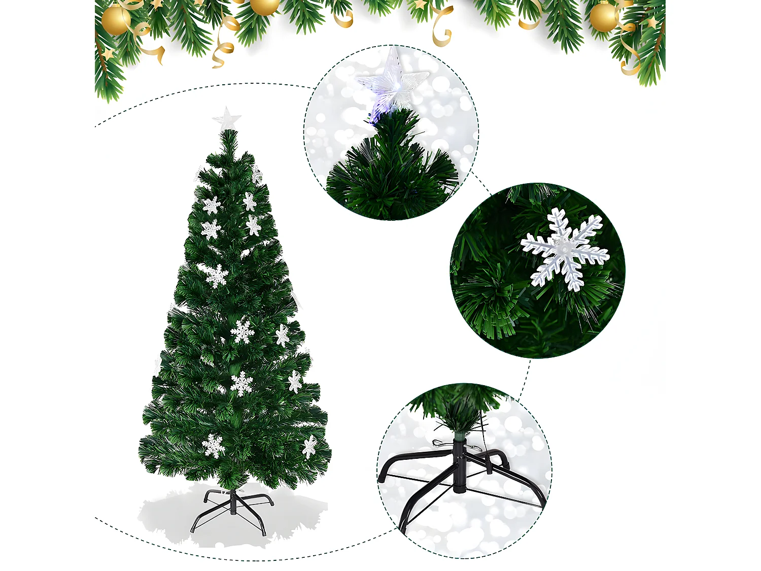 Sapin de noël artificiel led 180cm lumineux en fibre optique lumière variable avec etoile à la cime et décorations de neige 230v