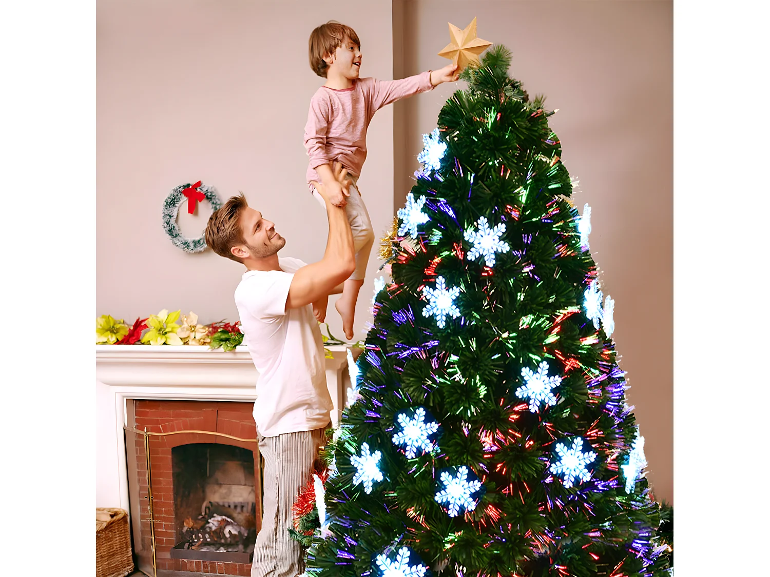 Sapin de noël artificiel led 180cm lumineux en fibre optique lumière variable avec etoile à la cime et décorations de neige 230v