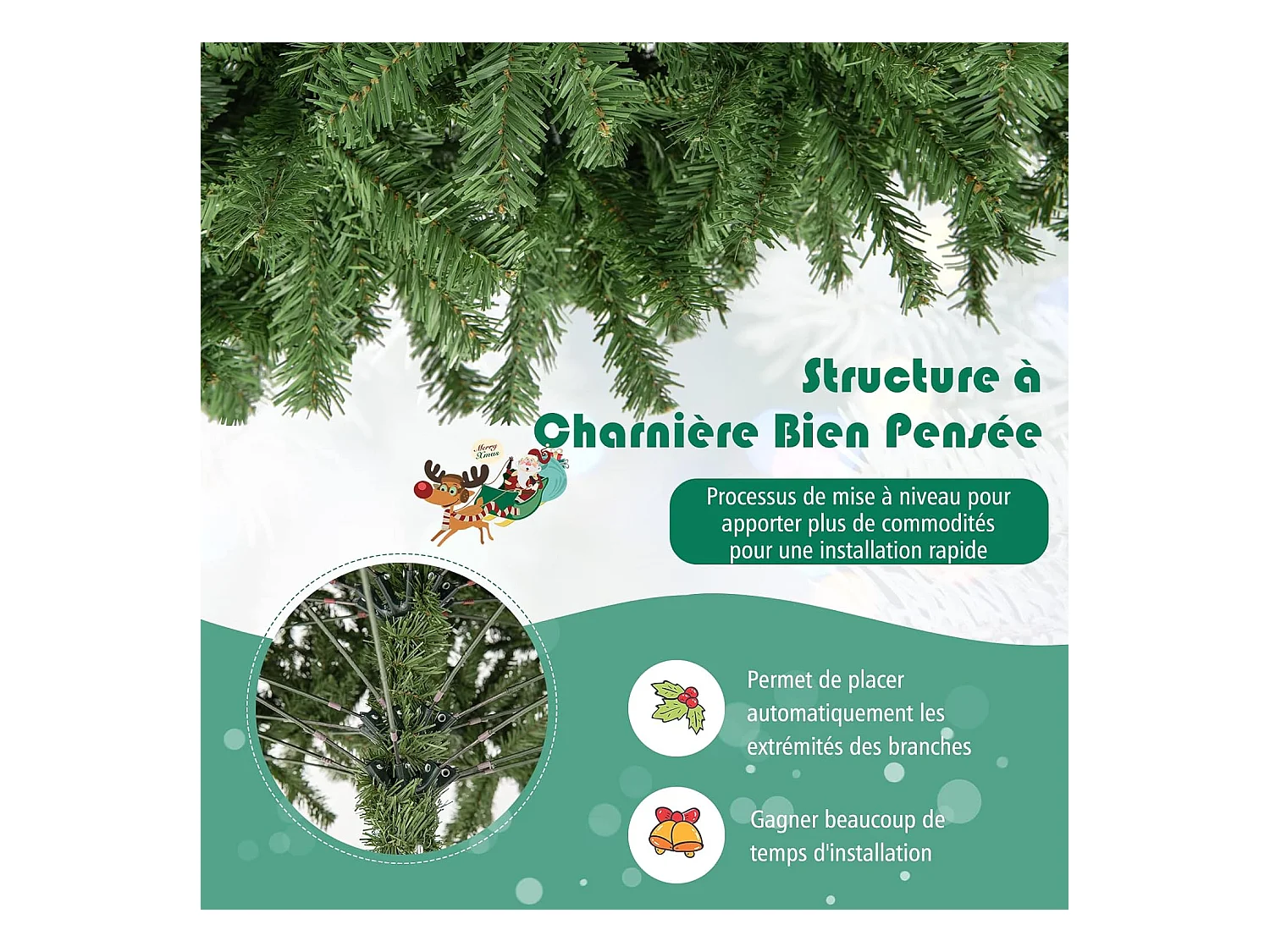 Sapin de noël artificiel 225cm, aiguilles en pvc avec 1346 branches pied métallique solide, arbre de noël idéal pour maison,bureau,magasins hôtels, vert
