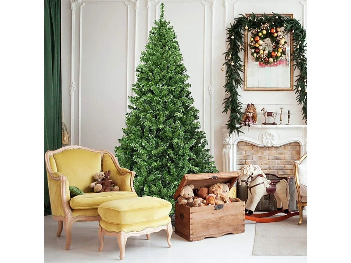 Sapin de noël artificiel 225cm, aiguilles en pvc avec 1346 branches pied métallique solide, arbre de noël idéal pour maison,bureau,magasins hôtels, vert