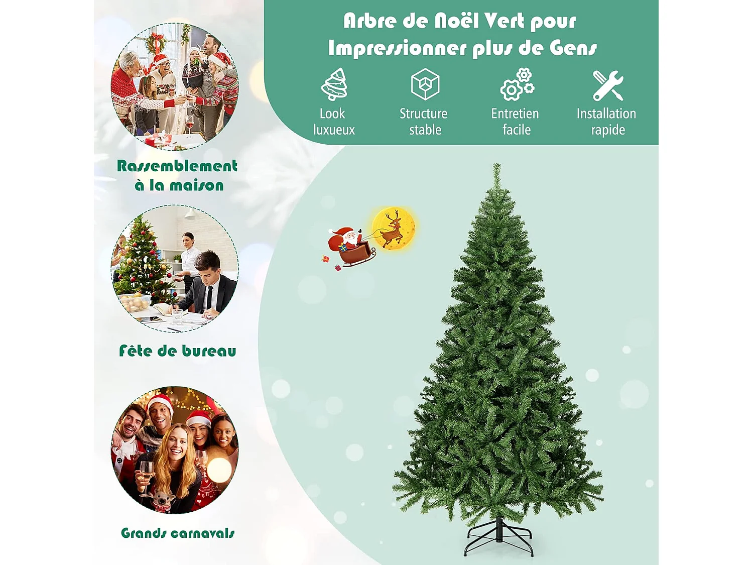 Sapin de noël artificiel 225cm, aiguilles en pvc avec 1346 branches pied métallique solide, arbre de noël idéal pour maison,bureau,magasins hôtels, vert