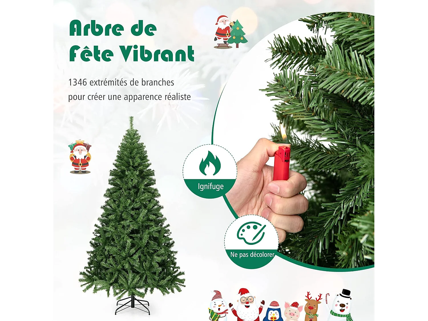 Sapin de noël artificiel 225cm, aiguilles en pvc avec 1346 branches pied métallique solide, arbre de noël idéal pour maison,bureau,magasins hôtels, vert