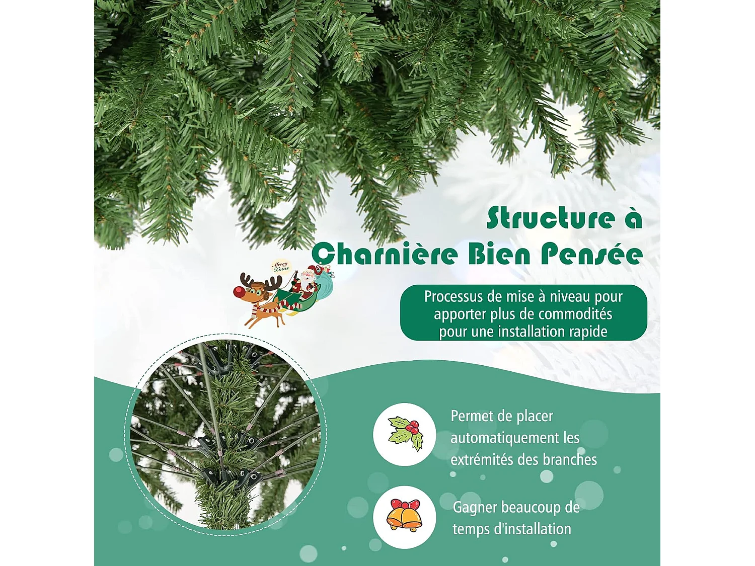 Sapin de noël artificiel 225cm, aiguilles en pvc avec 1346 branches pied métallique solide, arbre de noël idéal pour maison,bureau,magasins hôtels, vert