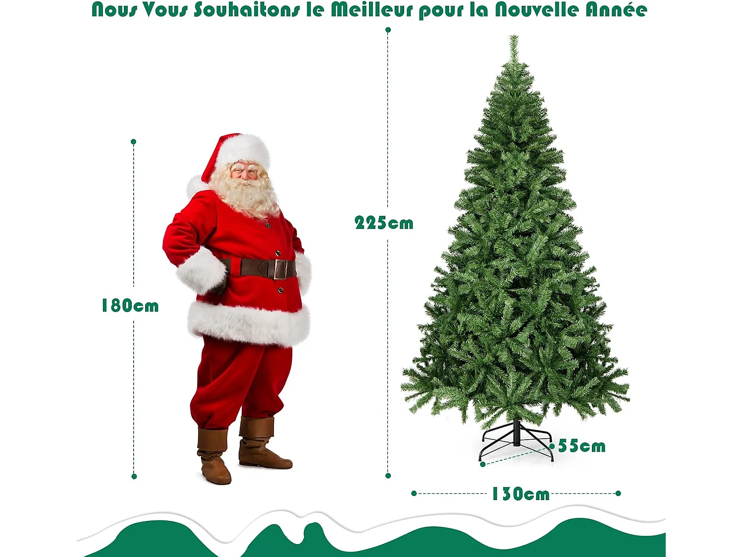 Sapin de noël artificiel 225cm, aiguilles en pvc avec 1346 branches pied métallique solide, arbre de noël idéal pour maison,bureau,magasins hôtels, vert