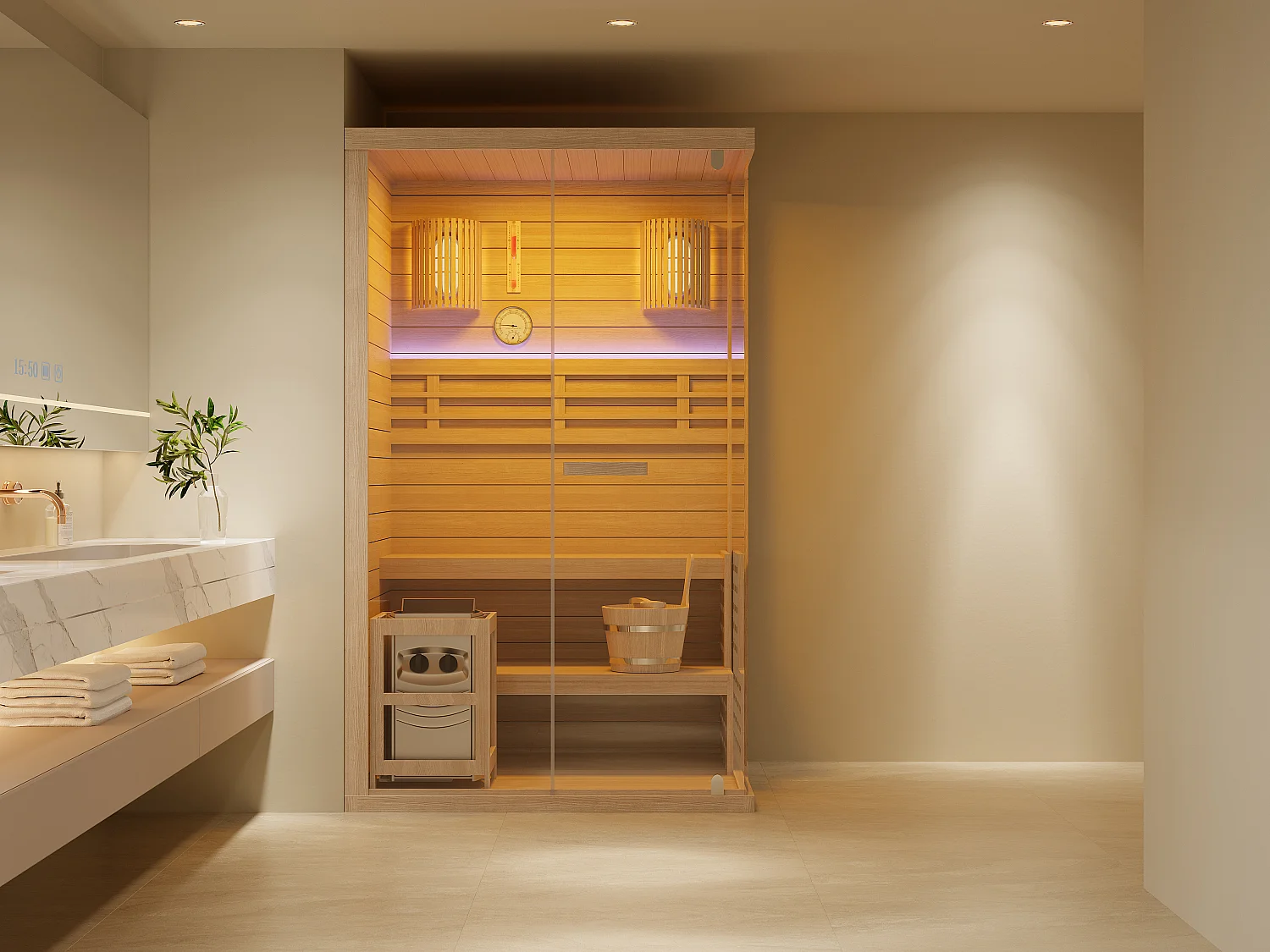 Sauna finlandais vitré à leds - 1/2 places - L120 x P120 x H200 cm - SELKI