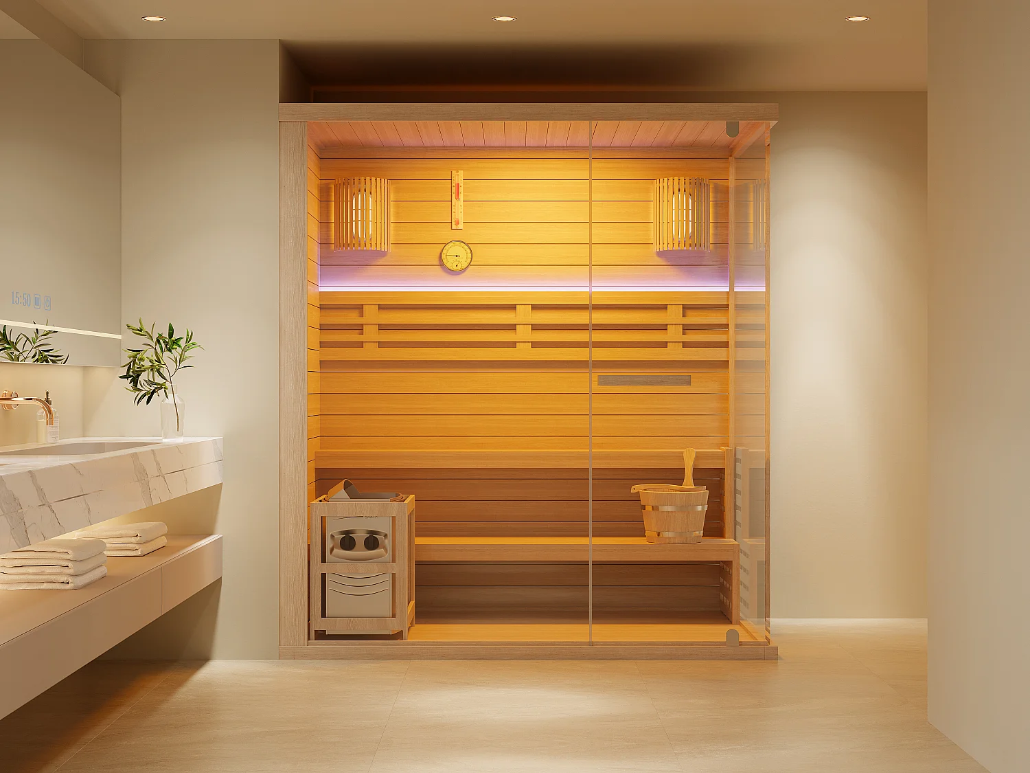Sauna finlandais vitré à leds - 4/5 places - L180 x P120 x H200 cm - SELKI