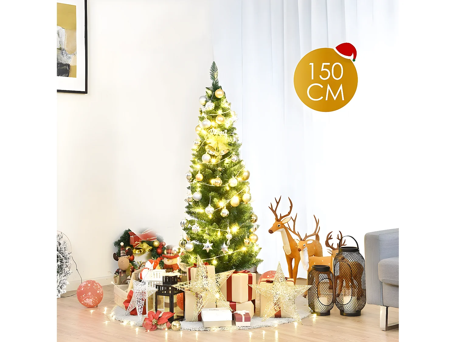Arbre de noël artificiel 150 cm sapin de noël 220 branches en pvc pour décoration avec support et socle en fer