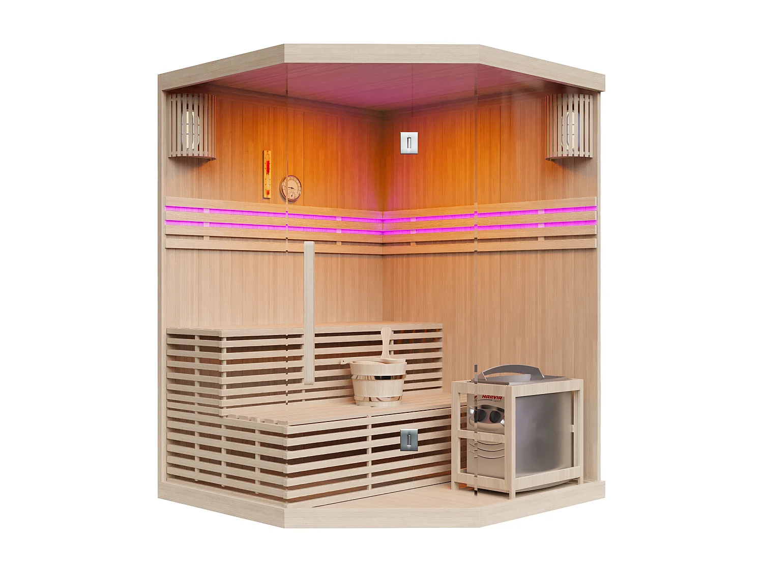Sauna finlandais d'angle vitré à leds - 3/4 places - L150 x P150 x H200 - KALSOY