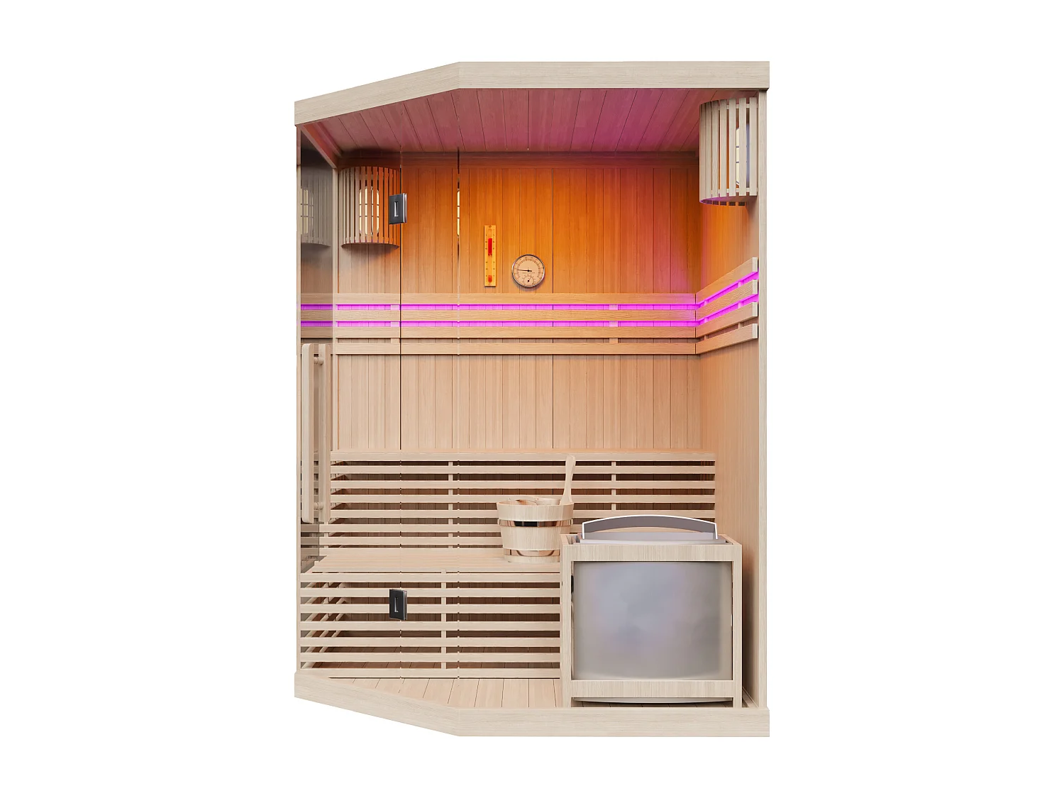 Sauna finlandais d'angle vitré à leds - 3/4 places - L150 x P150 x H200 - KALSOY