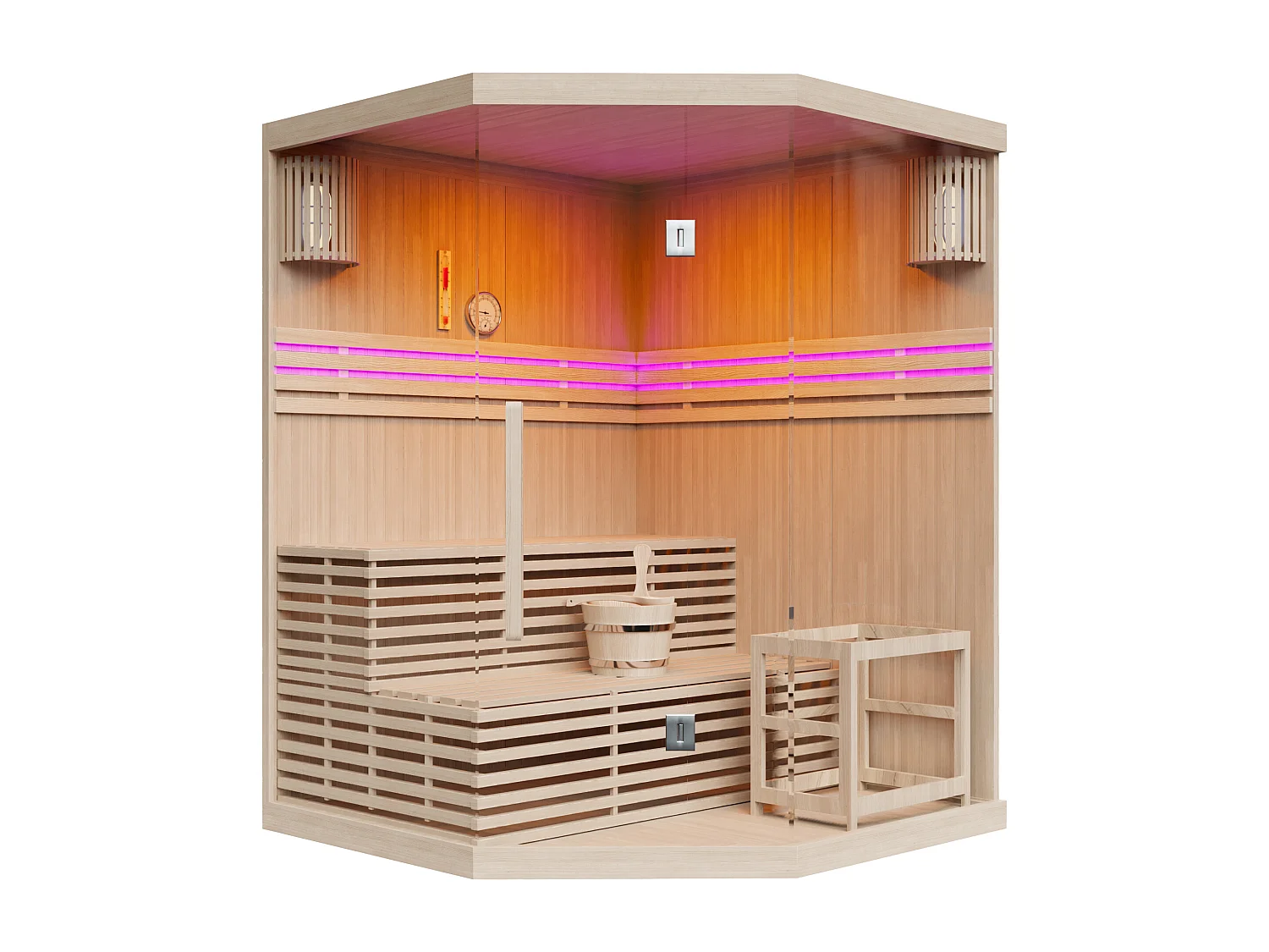 Sauna finlandais d'angle vitré à leds - 3/4 places - L150 x P150 x H200 - KALSOY