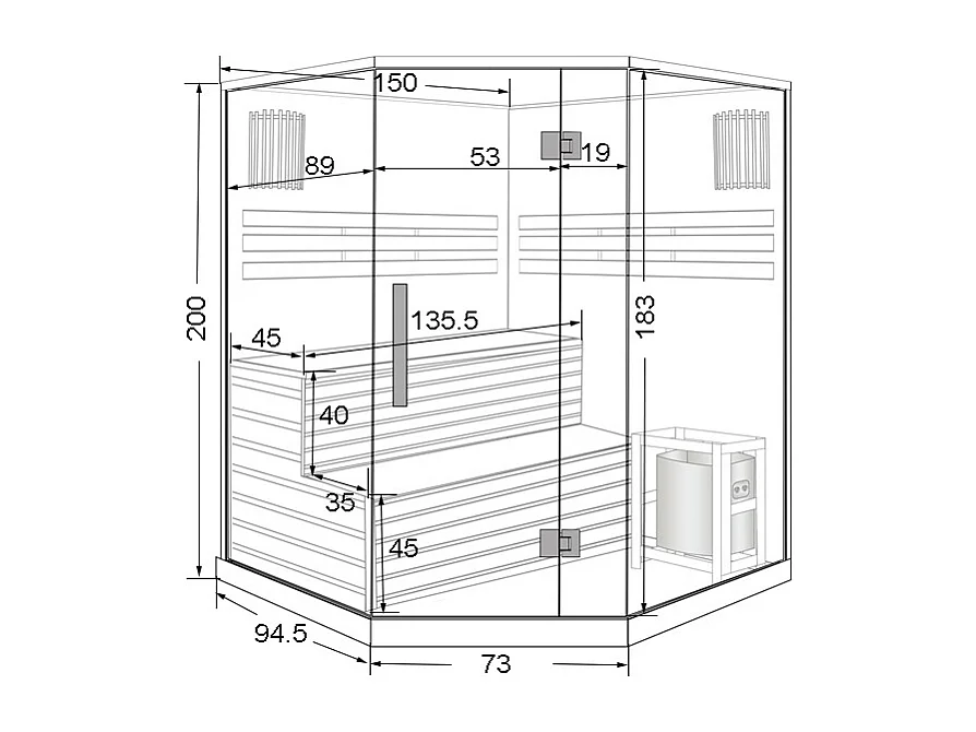 Sauna finlandês de canto envidraçado com leds - 3/4 lugares - L150 x P150 x A200 - KALSOY