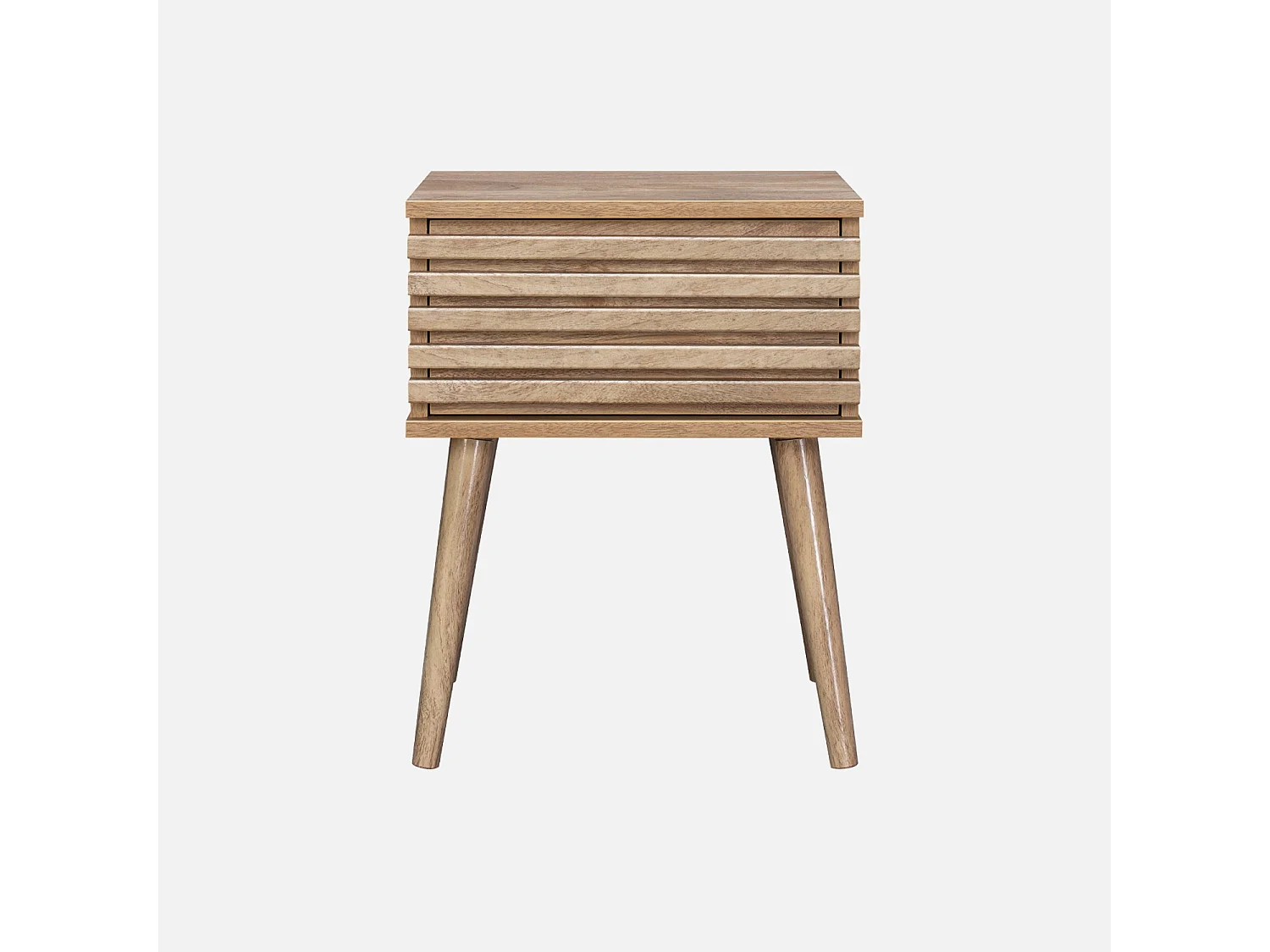 Comodino scandinavo con decori in legno scanalato, marrone naturale