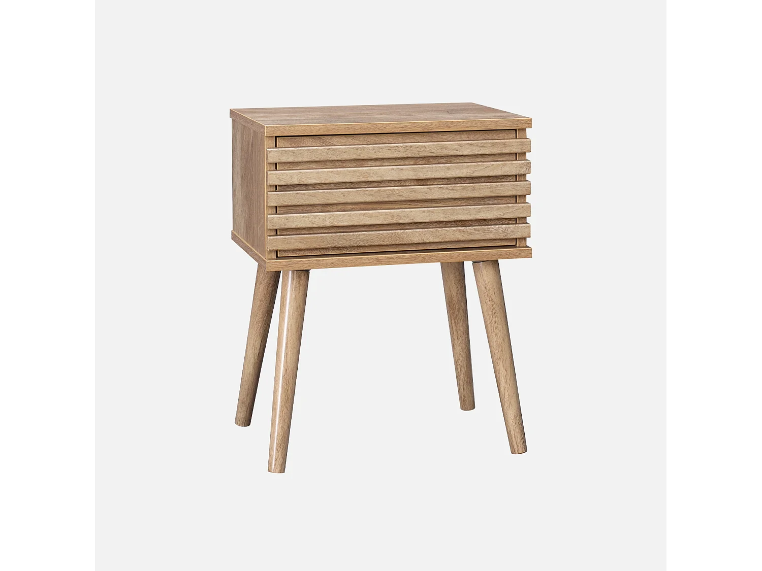 Comodino scandinavo con decori in legno scanalato, marrone naturale
