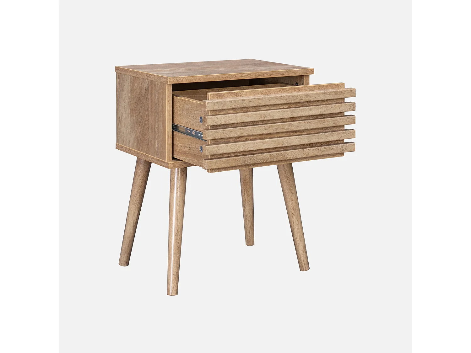 Table de chevet style scandinave décor bois avec tiroir rainuré et pieds compas