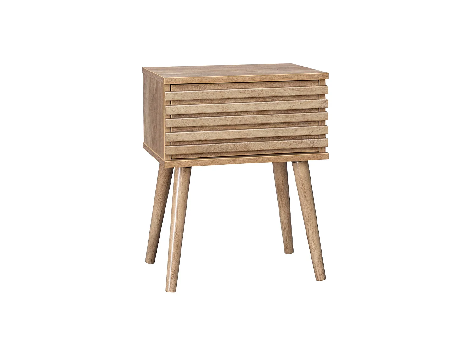 Table de chevet style scandinave décor bois avec tiroir rainuré et pieds compas