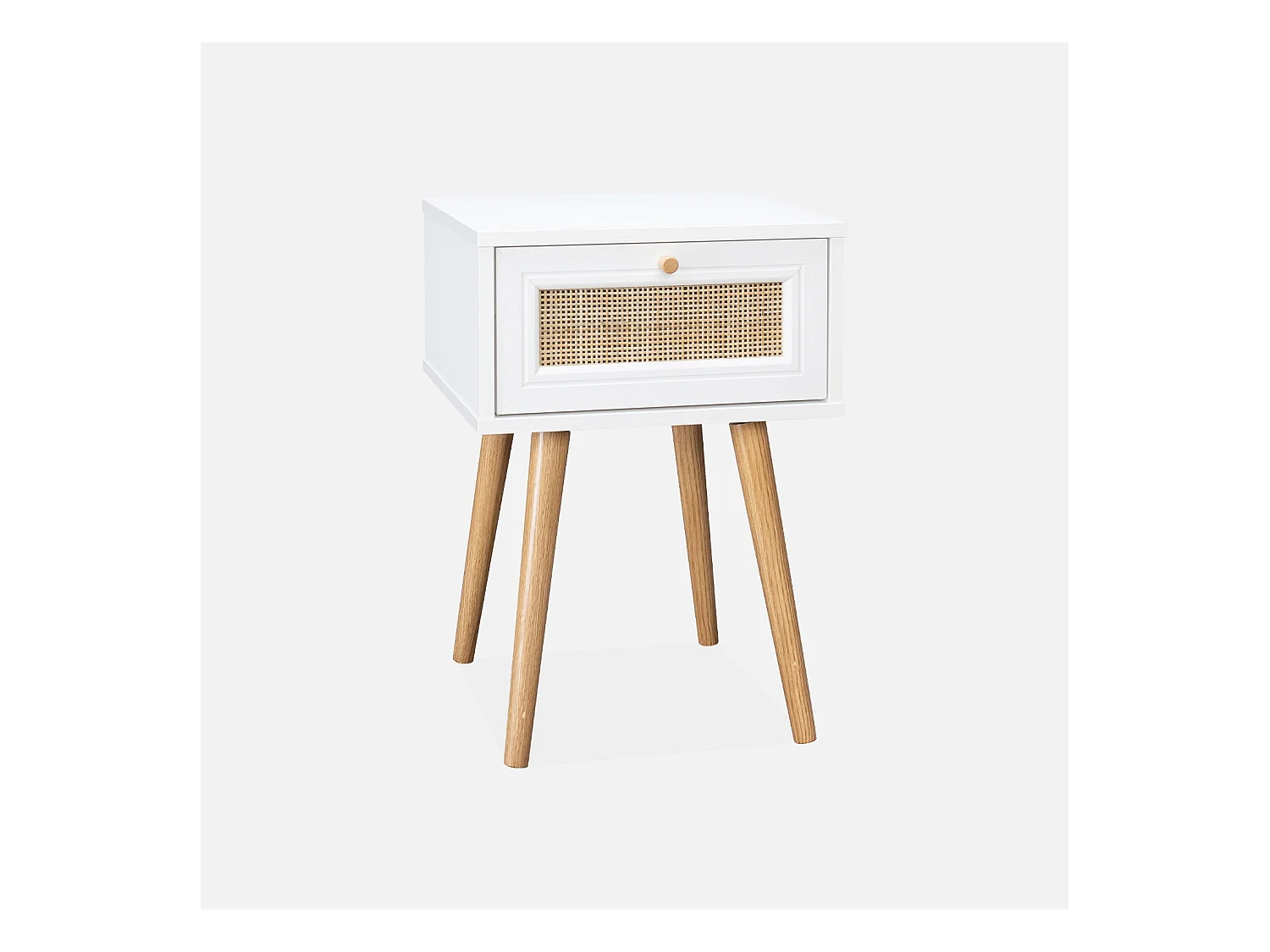 Table de chevet effet bois & cannage avec 1 tiroir - coloris blanc - Bohème
