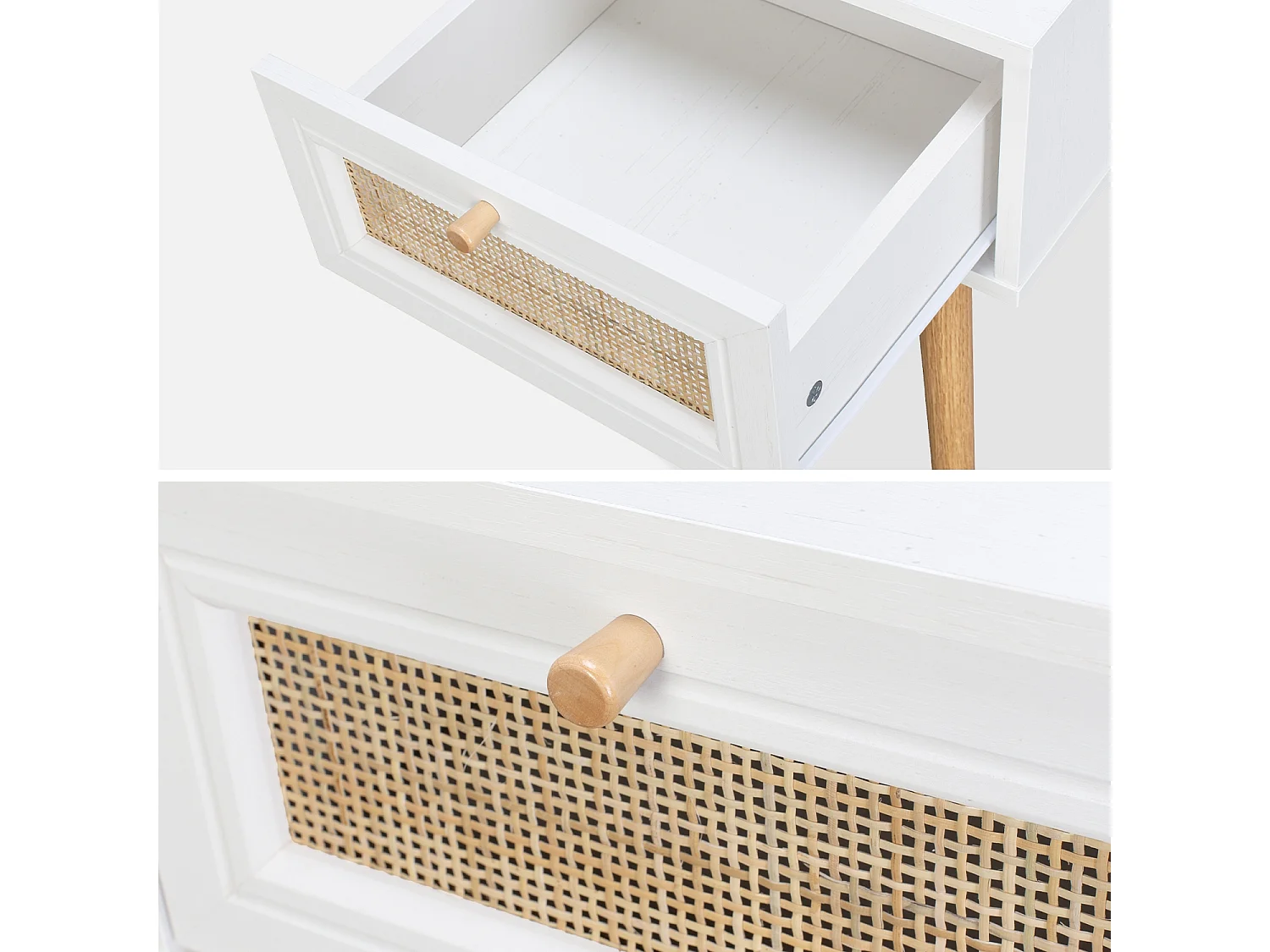 Comodino effetto legno e intrecciatura cannage, 1 cassetto, bianco