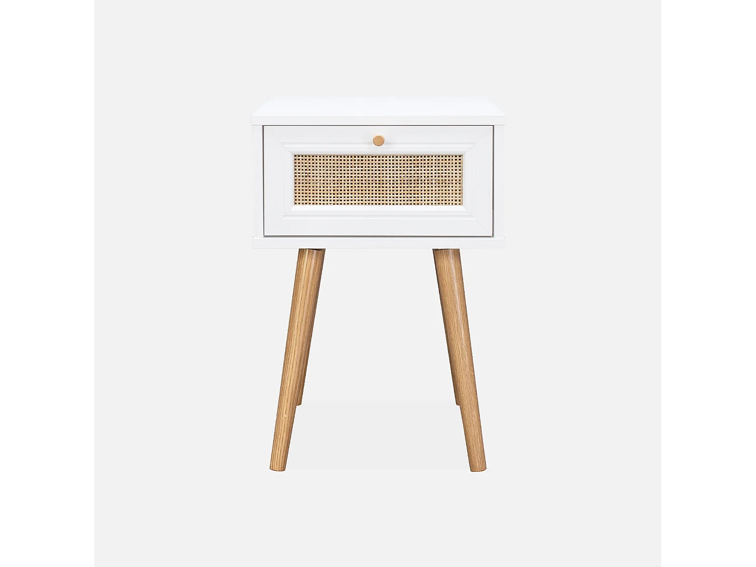 Comodino effetto legno e intrecciatura cannage, 1 cassetto, bianco