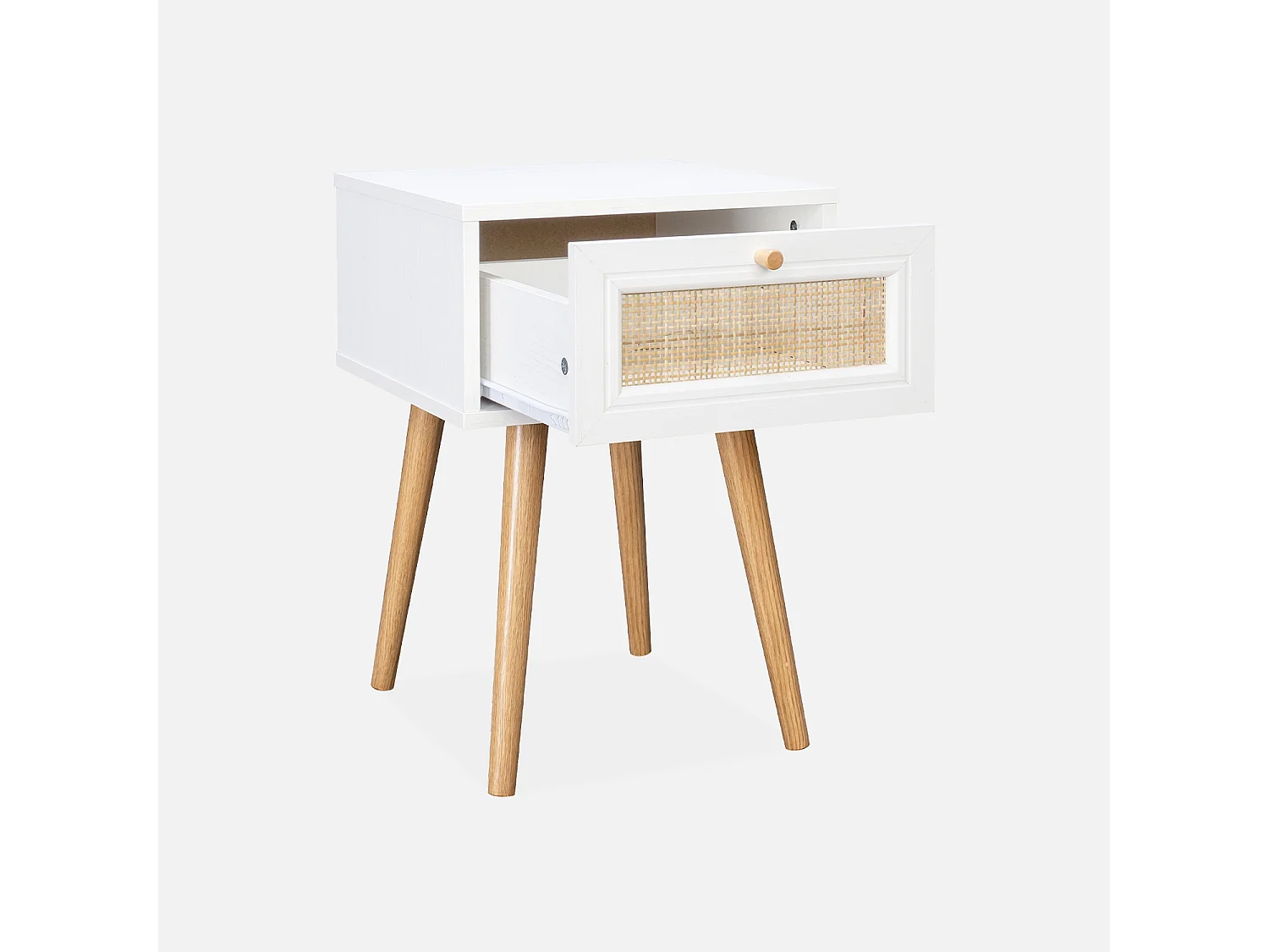 Comodino effetto legno e intrecciatura cannage, 1 cassetto, bianco