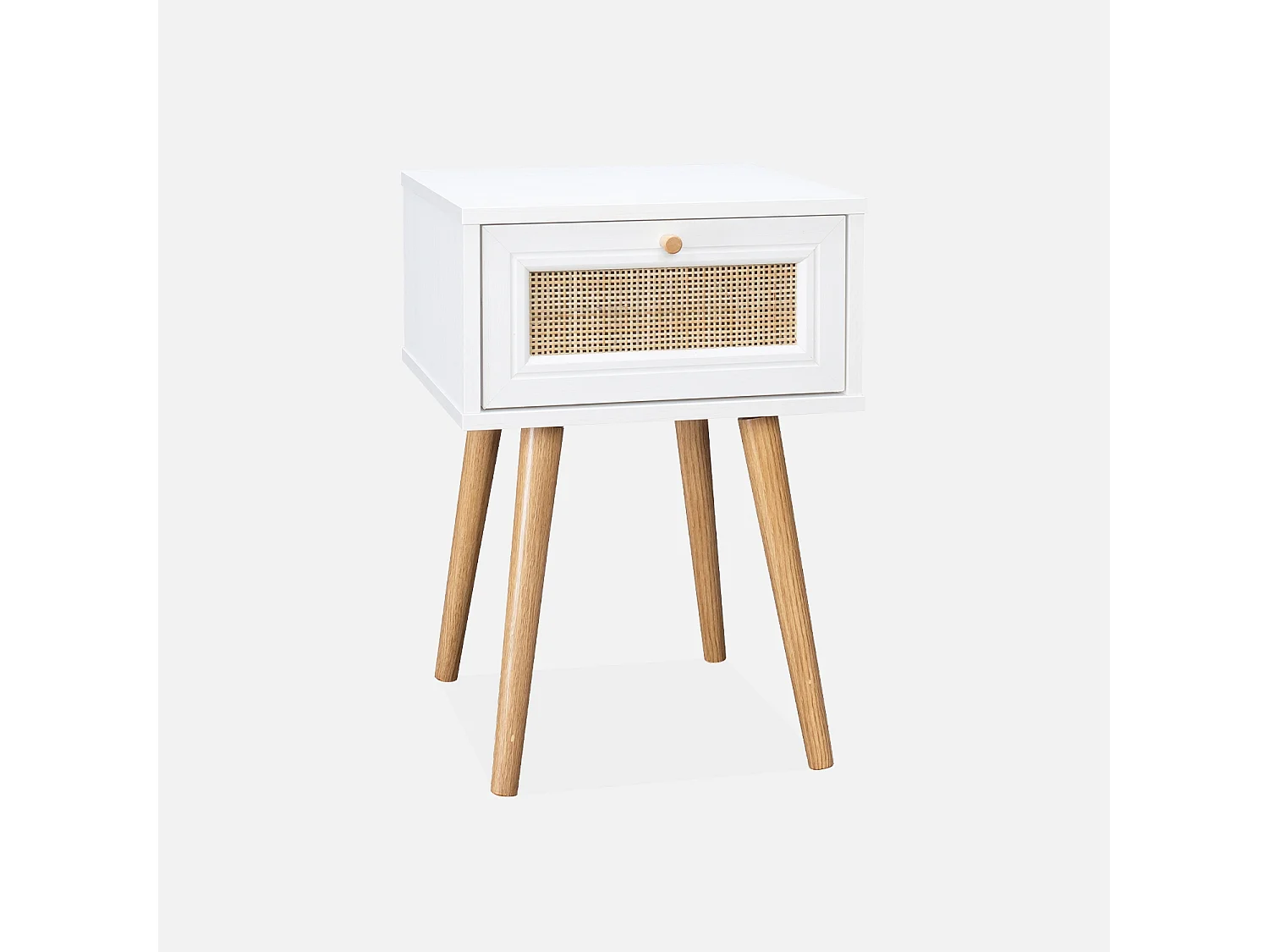 Comodino effetto legno e intrecciatura cannage, 1 cassetto, bianco