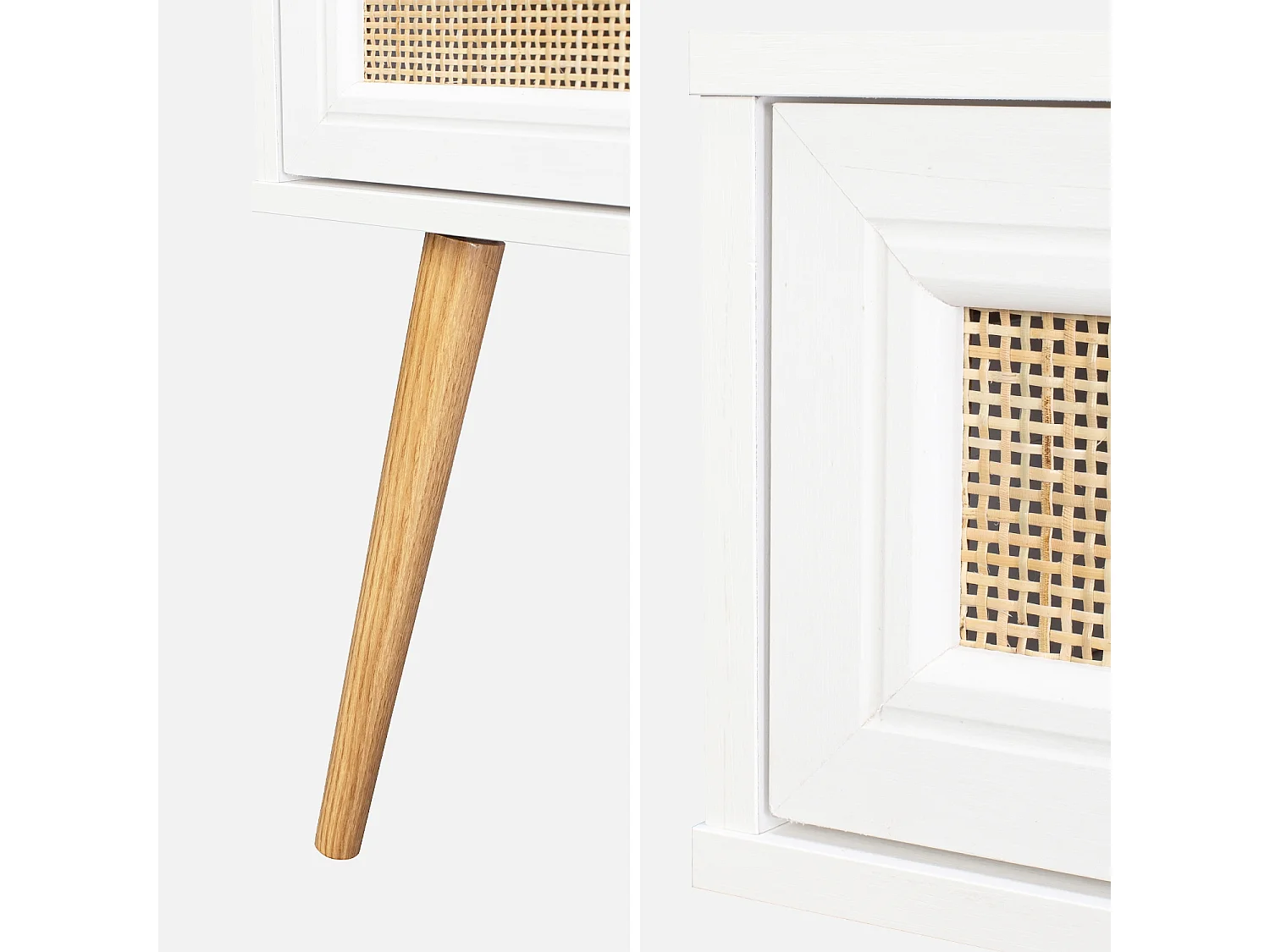 Comodino effetto legno e intrecciatura cannage, 1 cassetto, bianco