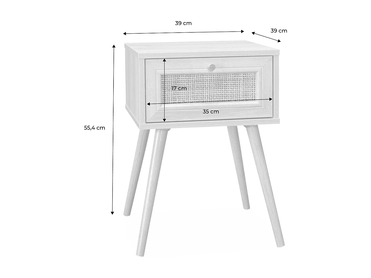 Comodino effetto legno e intrecciatura cannage, 1 cassetto, bianco