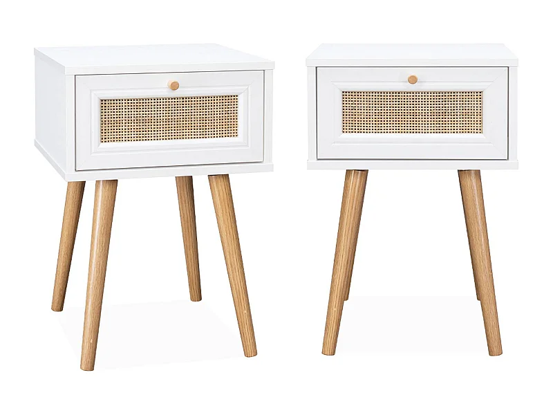 Set 2 comodini effetto legno e cannage, bianco sporco