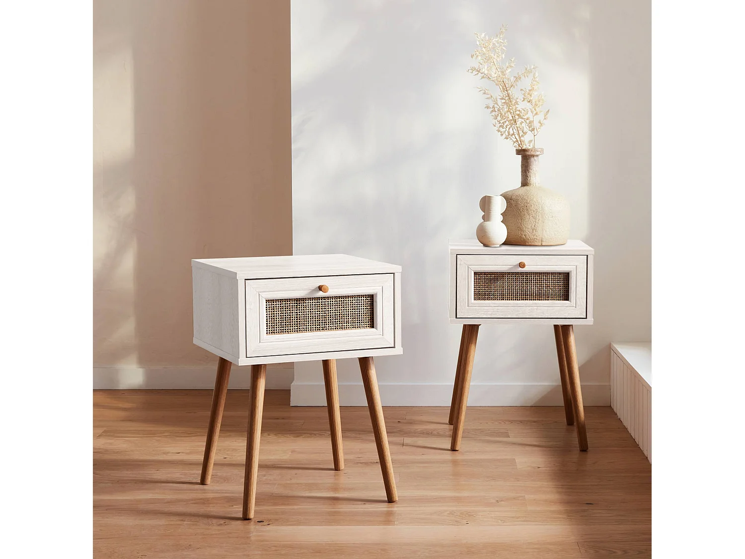 Mesita de noche de 1 cajón con efecto madera y caña, set de 2 blanco