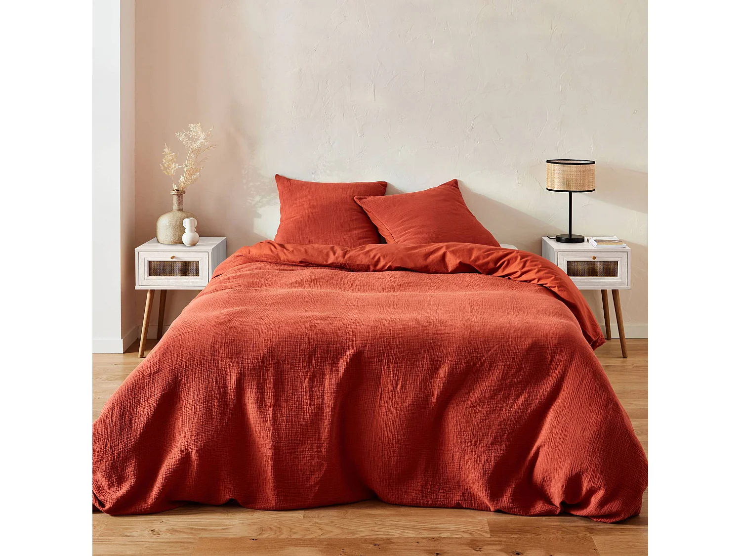 Mesita de noche de 1 cajón con efecto madera y caña, set de 2 blanco