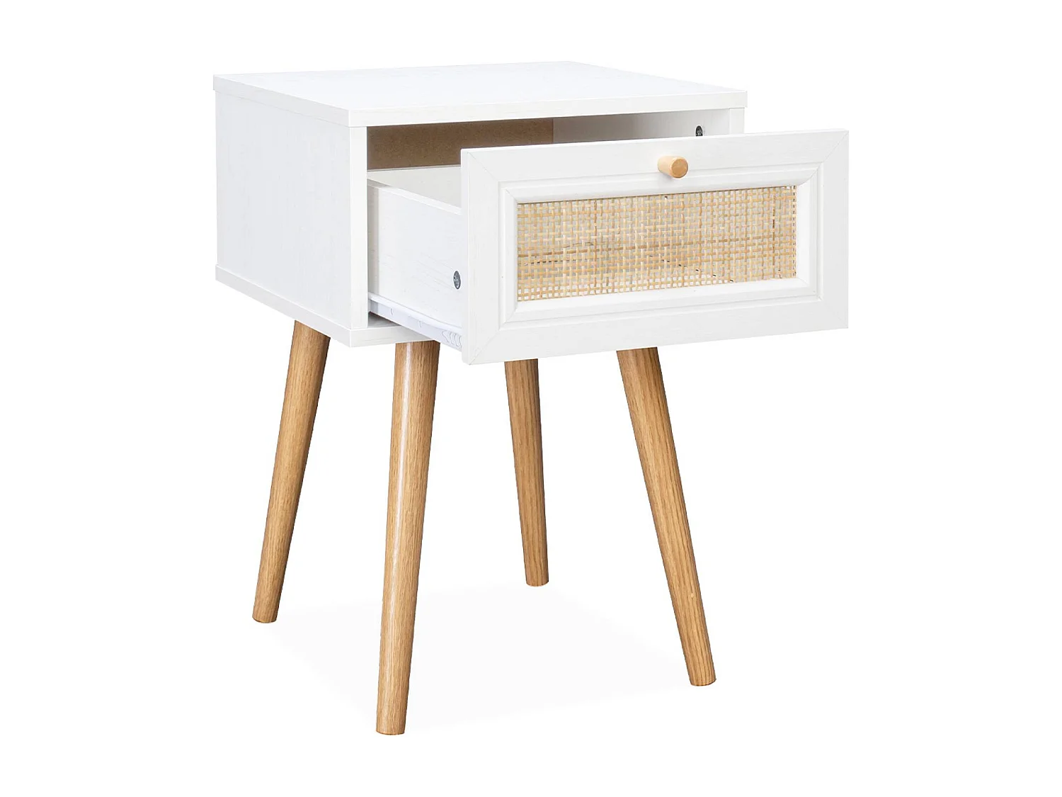 Mesita de noche de 1 cajón con efecto madera y caña, set de 2 blanco
