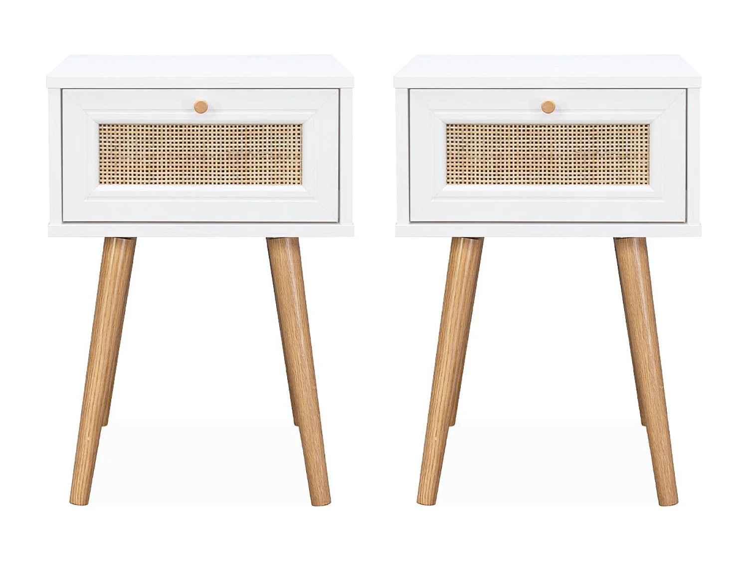 Set 2 comodini effetto legno e cannage, bianco sporco