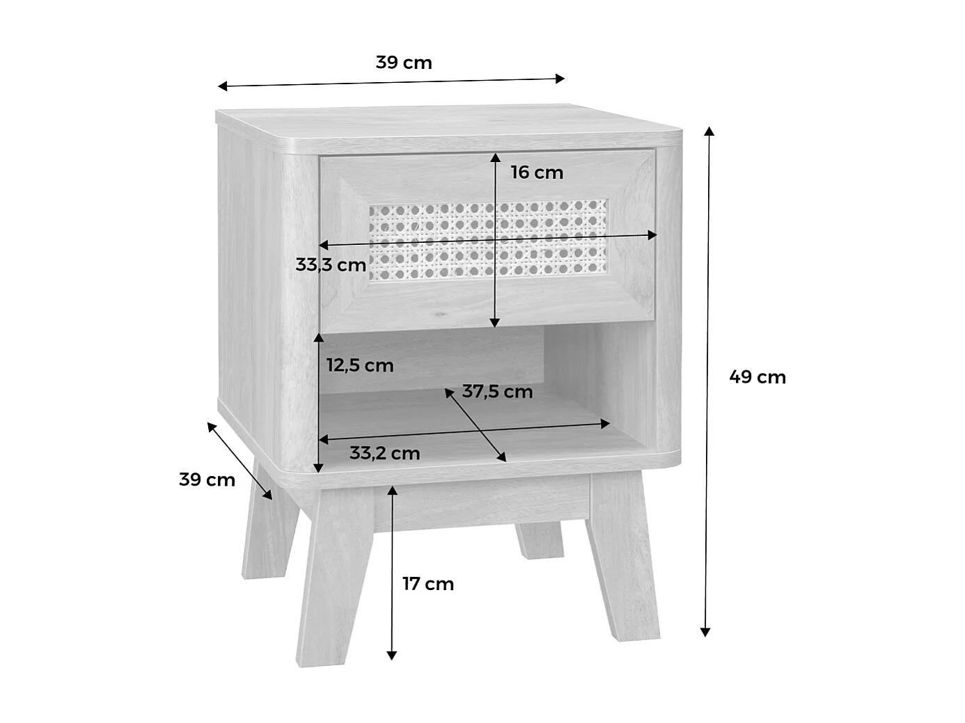 Table de chevet avec 1 tiroir et 1 niche effet bois et cannage. pieds eucalyptus