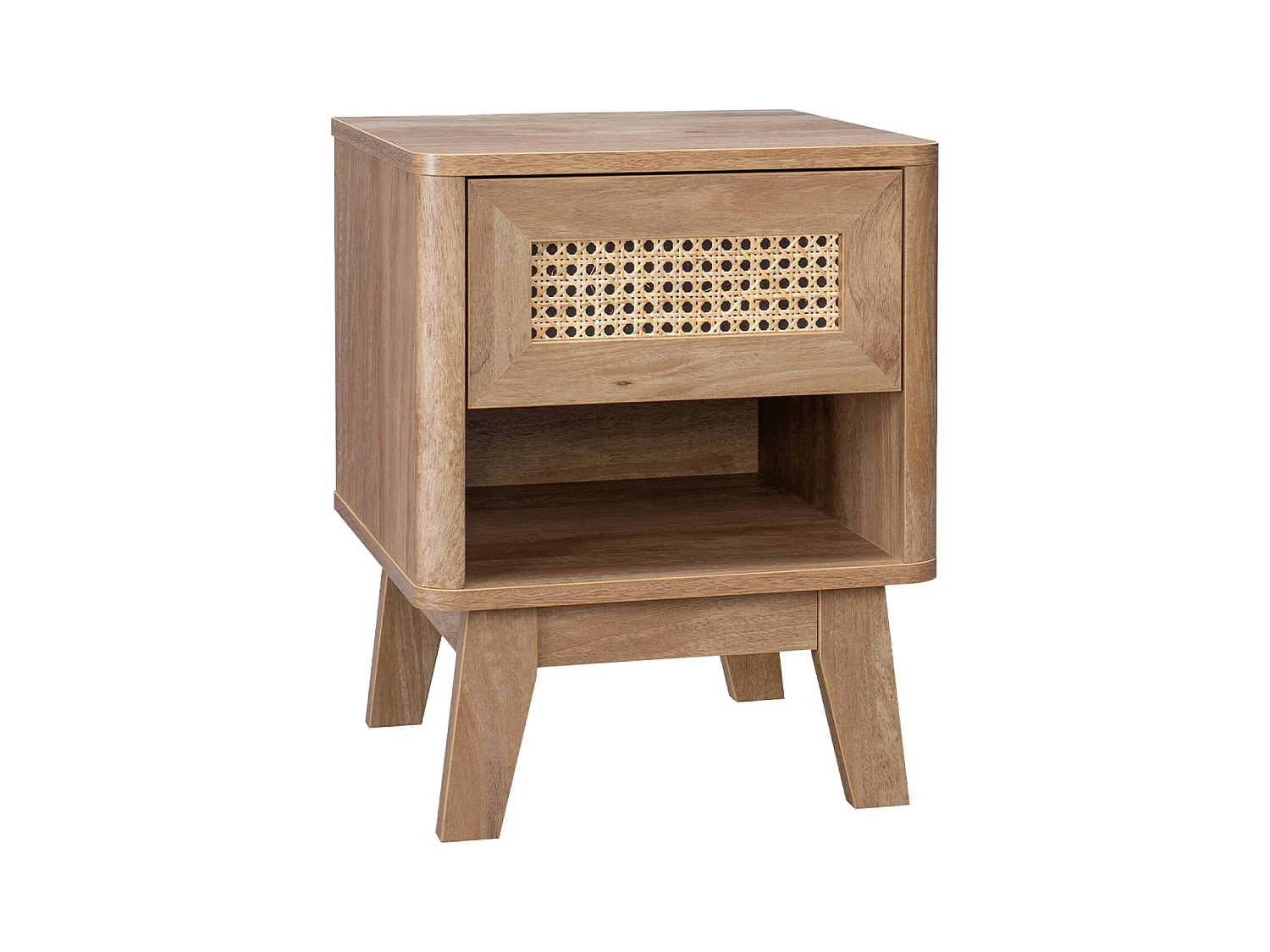 Table de chevet avec 1 tiroir et 1 niche effet bois et cannage. pieds eucalyptus