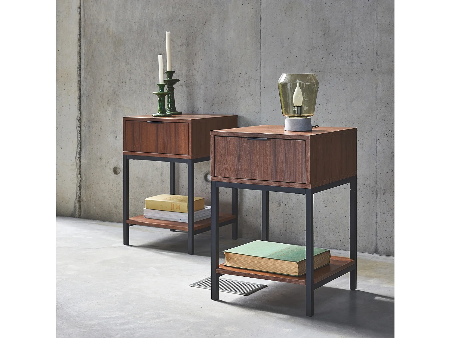 Set di 2 comodini in metallo noce e nero, 1 cassetto, marrone