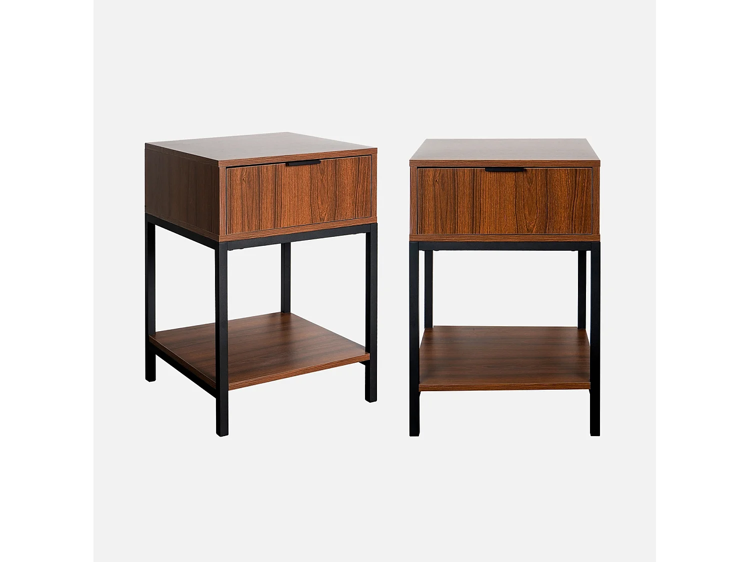 Set di 2 comodini in metallo noce e nero, 1 cassetto, marrone