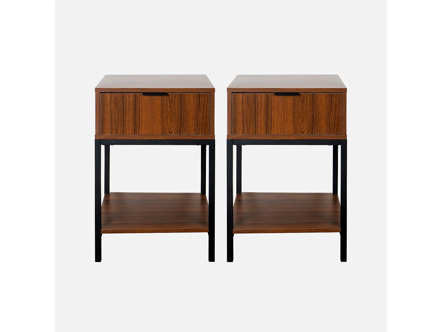 Set di 2 comodini in metallo noce e nero, 1 cassetto, marrone