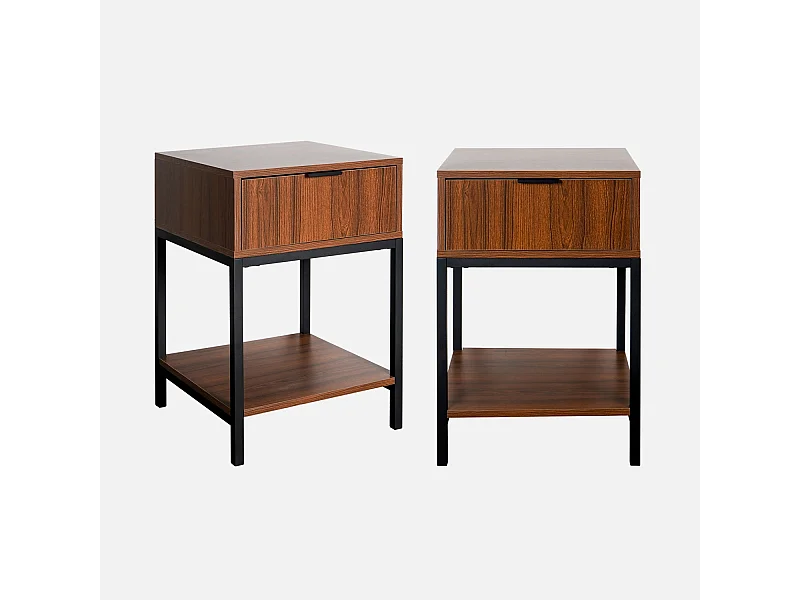 Mesita de noche de nogal y metal con 1 cajón, set de 2 nogal
