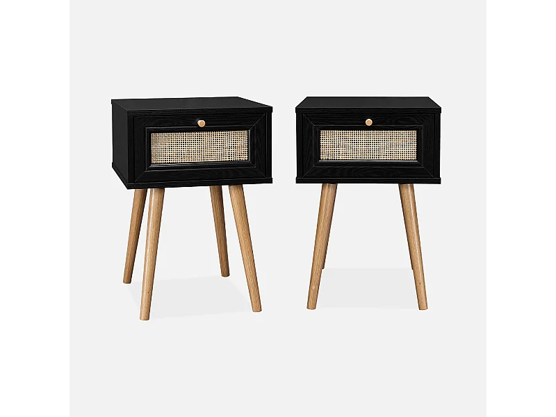 Lot de 2 tables de chevet décor bois noir et cannage avec 1 tiroir