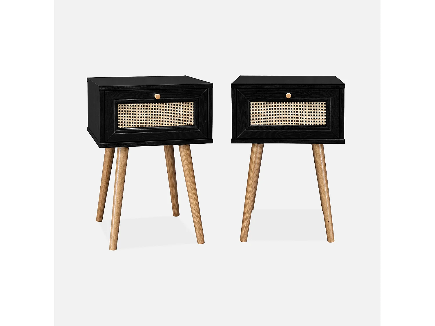 Mesita de noche de 1 cajón con efecto madera y caña, set de 2 negro
