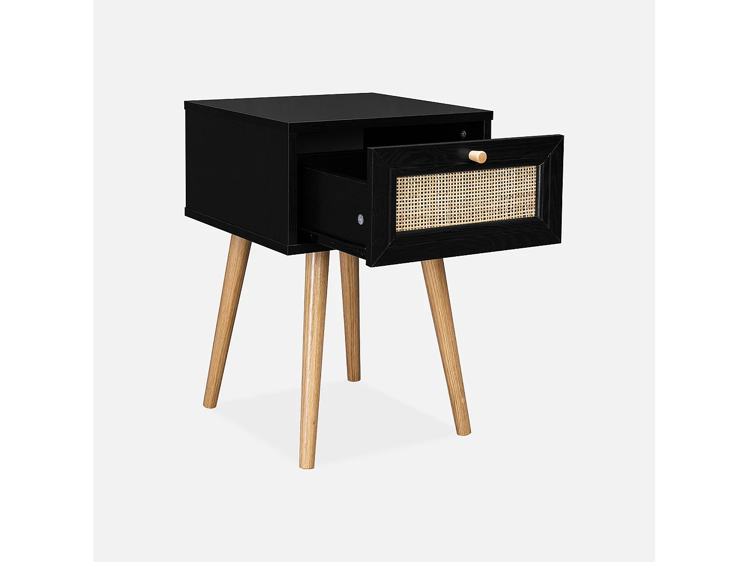Mesita de noche de 1 cajón con efecto madera y caña, set de 2 negro