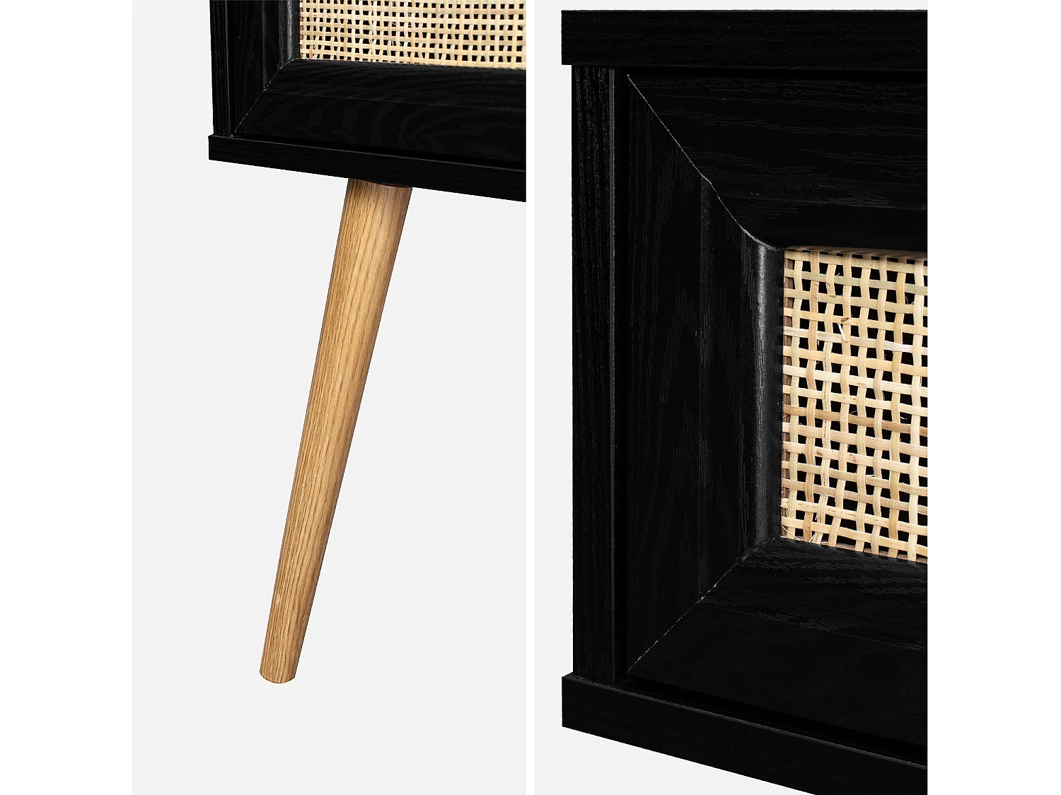 Mesita de noche de 1 cajón con efecto madera y caña, set de 2 negro