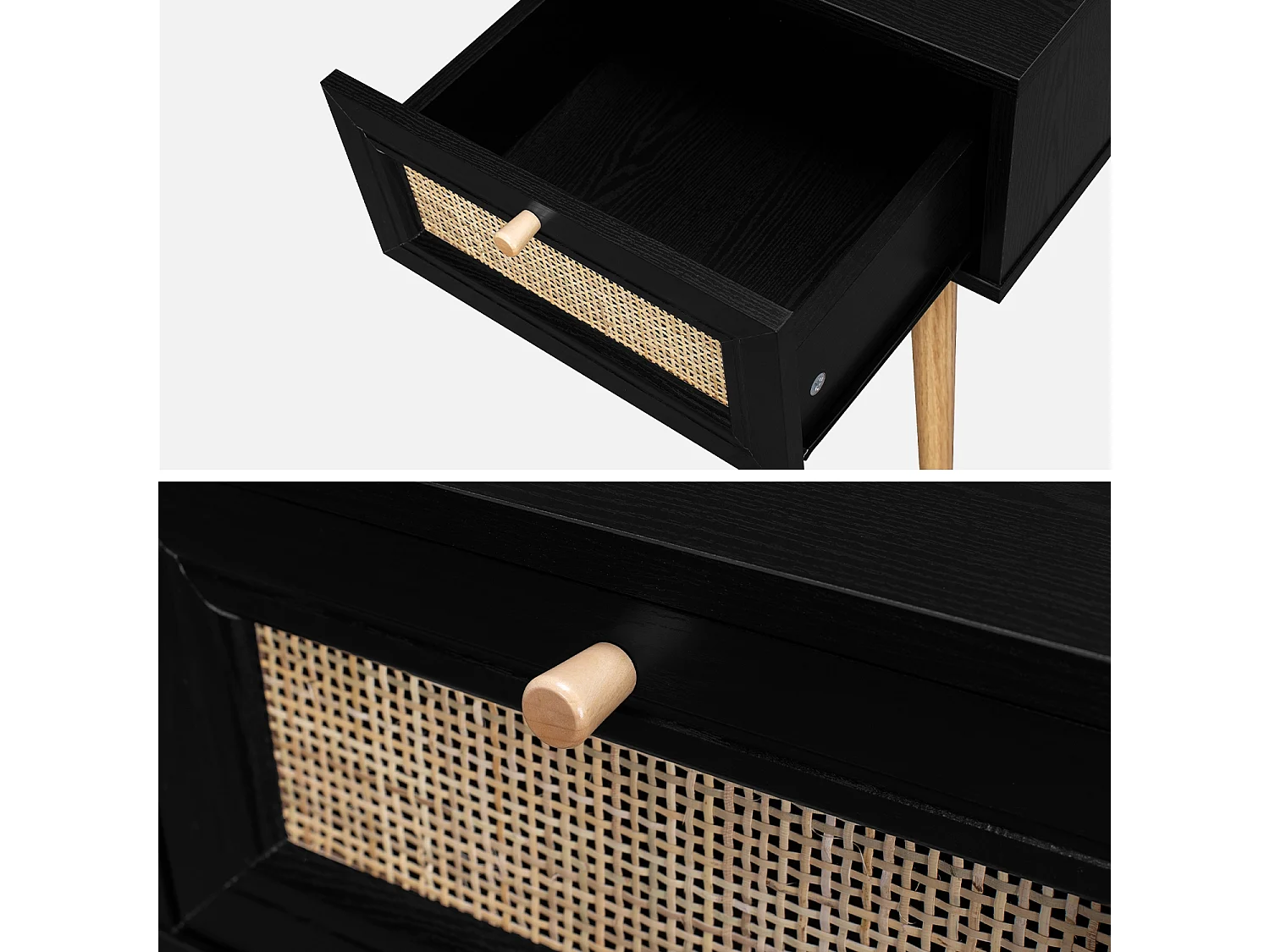 Mesita de noche de 1 cajón con efecto madera y caña, set de 2 negro