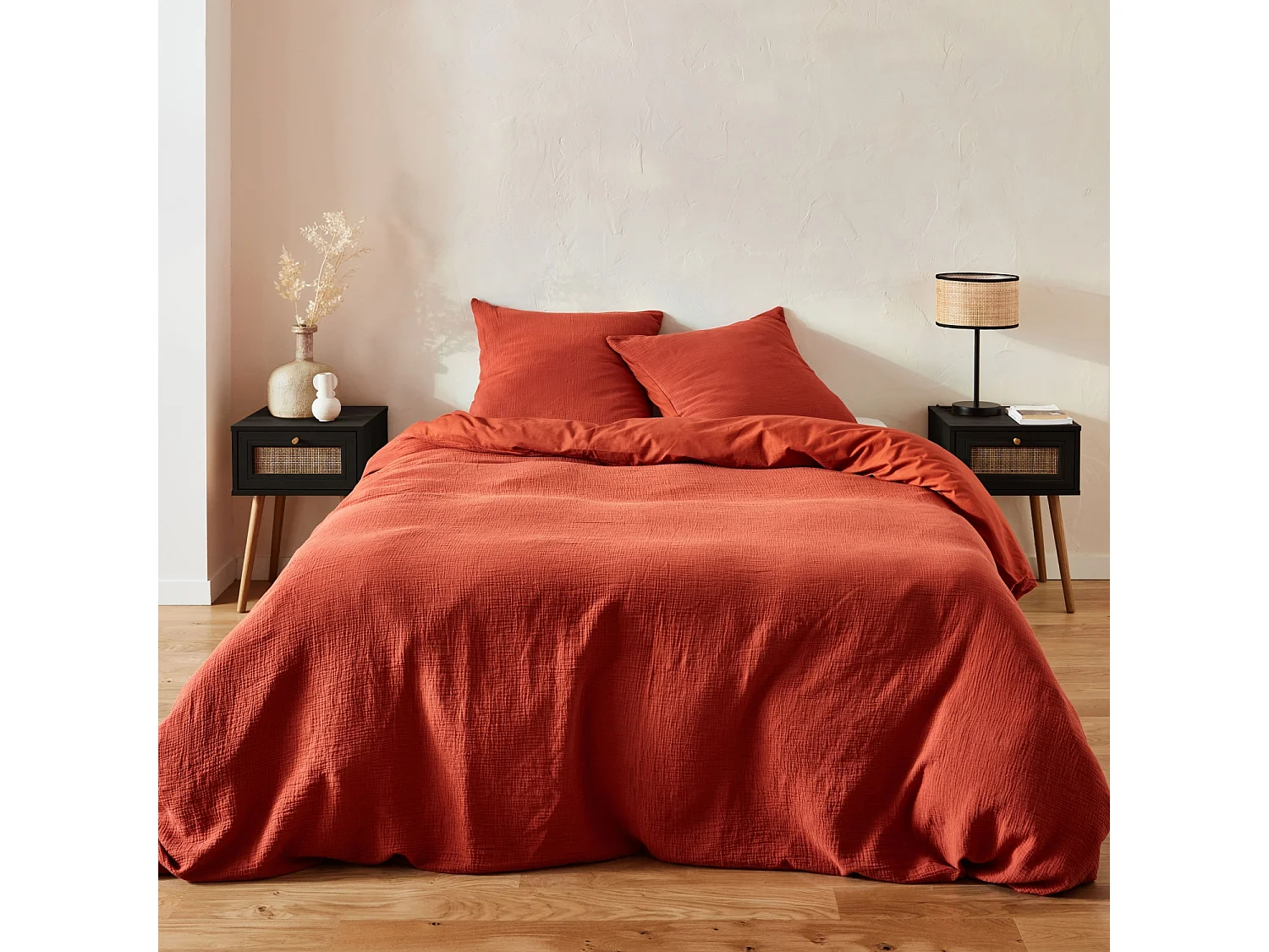 Mesita de noche de 1 cajón con efecto madera y caña, set de 2 negro