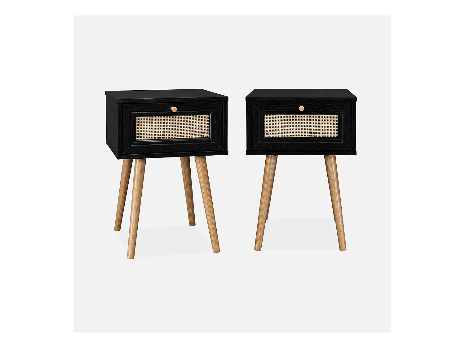 Lot de 2 tables de chevet effet bois noir et cannage avec 1 tiroir