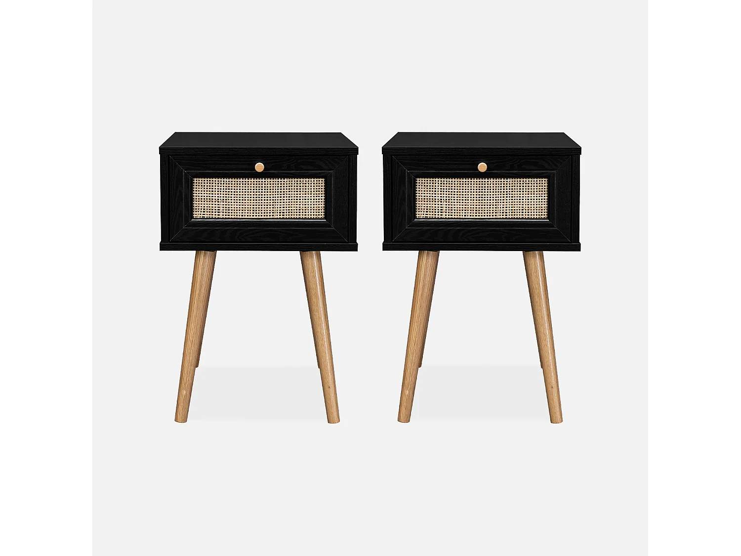 Lot de 2 tables de chevet décor bois noir et cannage avec 1 tiroir