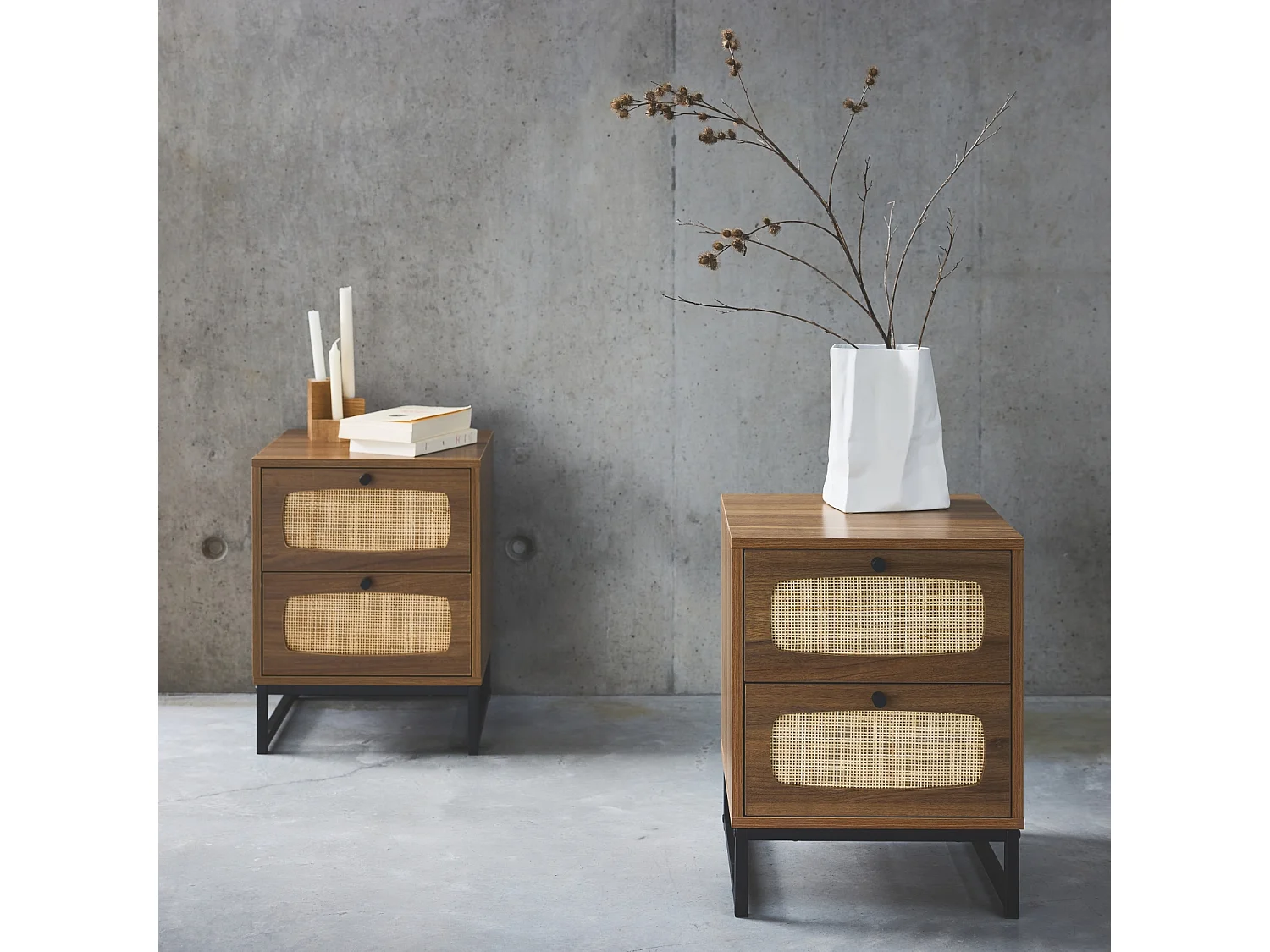 Set 2 comodini effetto legno e canna, marrone naturale