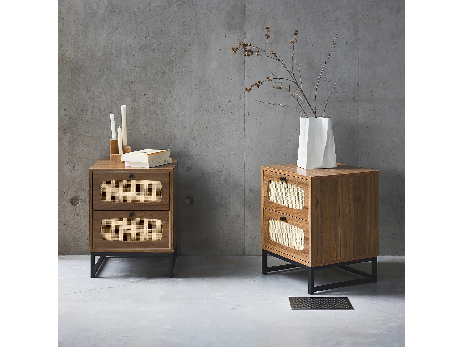 Set 2 comodini effetto legno e canna, marrone naturale