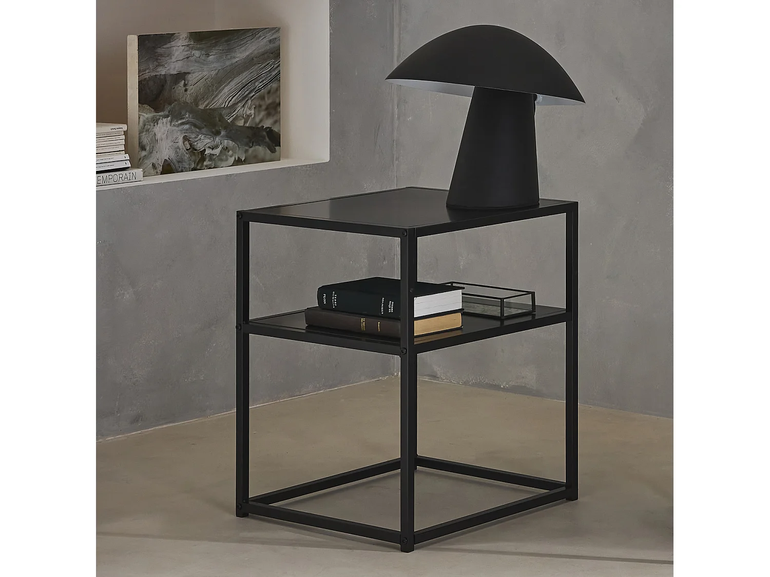 Comodino in metallo nero con ripiano, nero