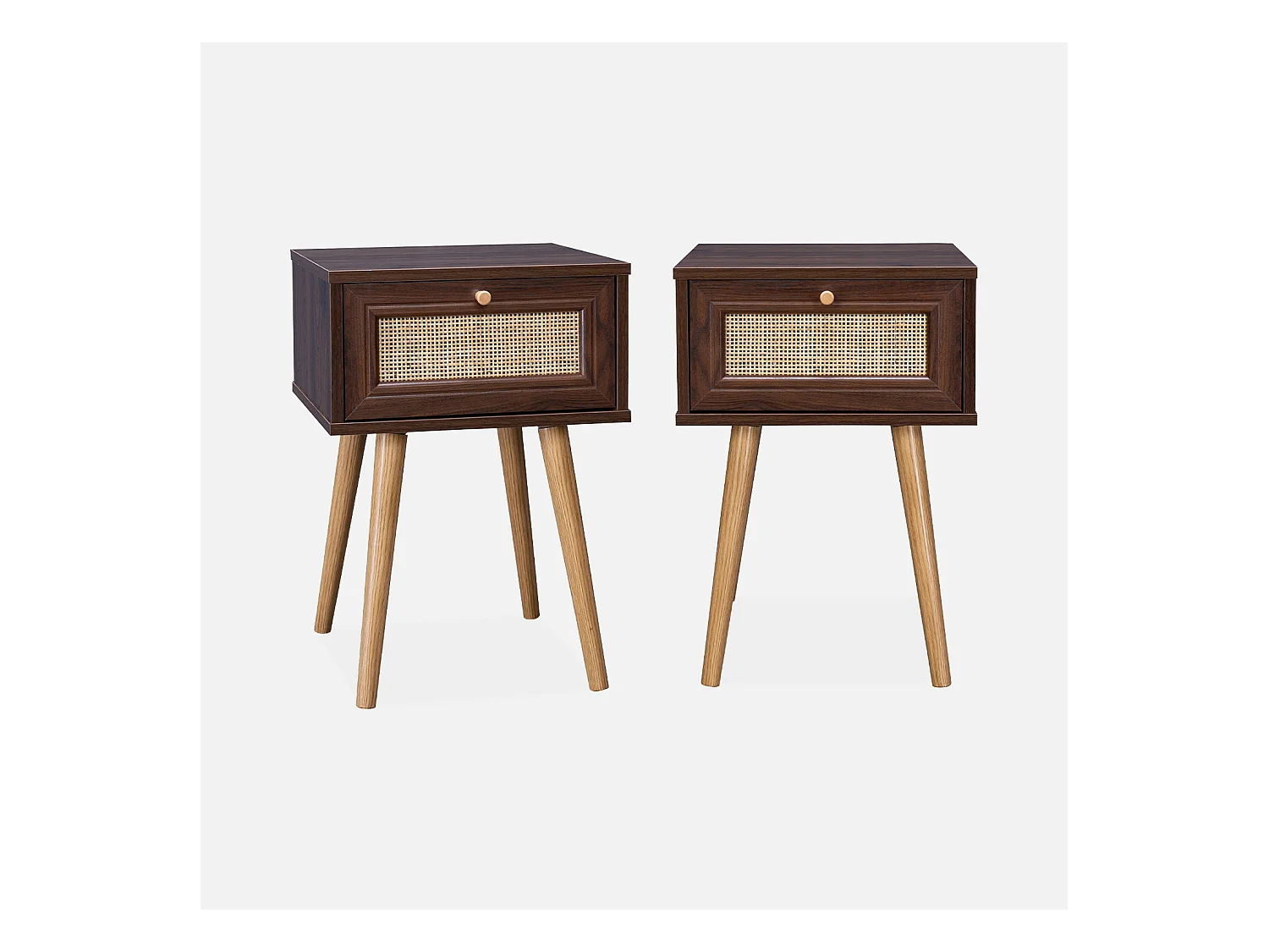 Mesita de noche con efecto madera y caña, set de 2 madera oscura