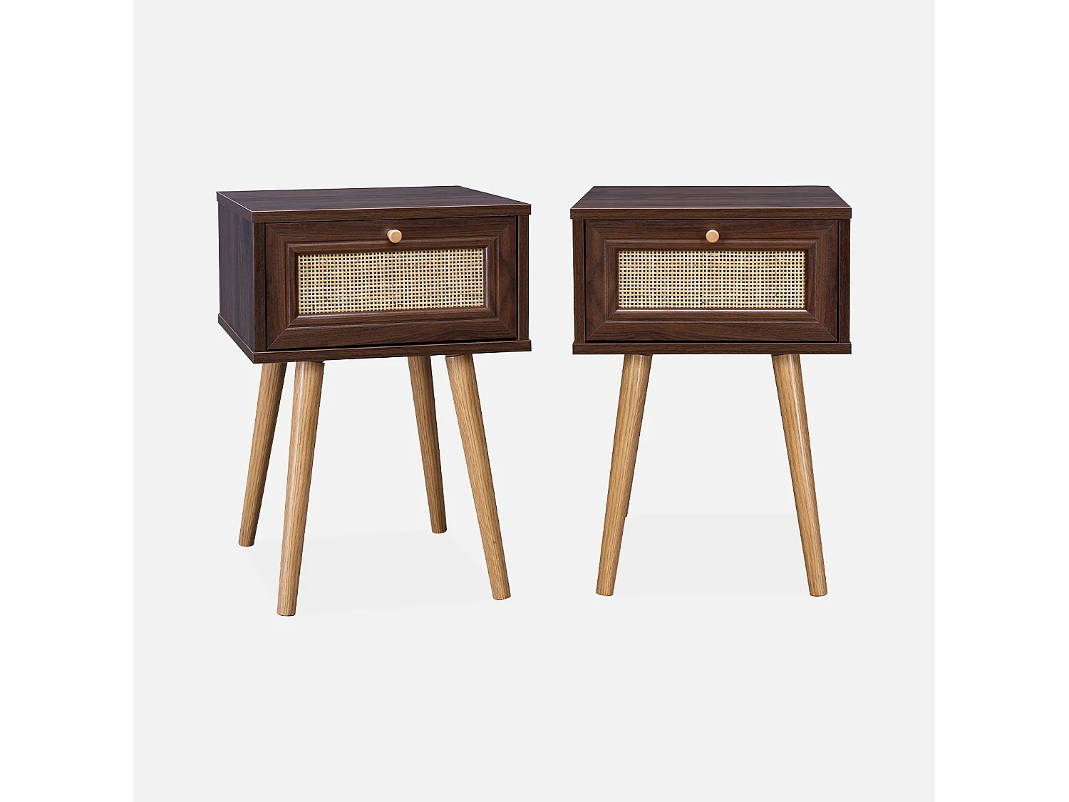 Mesita de noche de 1 cajón con efecto madera y caña, set de 2 madera